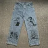 Heren jeans godlikeu mannen gewassen Harajuku anime print baggy streetwear katoen mode losse wijde poot broek267d