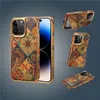 Luxury Plating Ethnic Pattern Vogue Phone Case for iPhone 15 14 13 12 Pro Max Durable Senior Magnetic Invisible Bracket Card Slot Wallet Flower Print Wood Back Cover