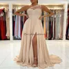 Chic One Shoulder Champagne Evening Dress 2023 High Slit Chiffon Boho Prom Dress Top Lace Formal Wear Vestidos De Fiesta mujeres Holiday Birthday Robes De Soiree