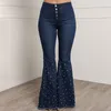 Jeans pour femmes bas de cloche pour femmes taille haute évasé clou perle jambe large déchiré Denim pantalon 230821