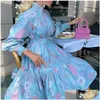 Основные повседневные платья весенняя осень женщина с печеной с длинным рукавом Boho Midi платье элегантное высокое талия кнопки воротнич