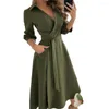 Casual Dresses Womens Elegant Party Three-Quarter Sleeve Solid Floral Cropped Deep V Neck Lace Up Belted Wrap Long Evening Dress