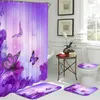 Rideaux de douche maison violet fleur papillon imperméable impression rideau de douche 4 pièces couverture de tapis couverture de toilette tapis de bain Pad ensemble salle de bain rideau R230821