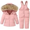 Giù per bambine da neonate snowuit giacca da anatra bianca giacca da bambino a 2 pezzi per bambini neve anteriore indossare bambini pantaloni da snowbib caldi con cappuccio