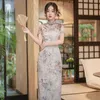 Etnik kıyafet artı boyut 4xl kadın uzun qipao zarif klasik baskı çiçek cheongsam vintage mandalina yaka geleneği Çinli elbise