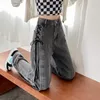 Jeans pour femmes gothique taille haute Jean Chic côté à lacets jambe large Denim pantalon femme Harajuku Y2K mode Streetwear pantalon droit 230821