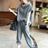 Women's Two Piece Pants Women Hoodie Set Solid Color Short Sleeve Hooded Tops Elastic Waist Loose Casual Trousers Conjuntos De Pantalones