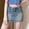 Kvinnors jeans summerkläder sexig kort denim kjol streetwear flicka mode bälte byxor metall spänne smal a-line