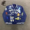 Chaquetas para hombre High Street Baseball Hombres Mujeres 1 Calidad Bordado de letras de dibujos animados Oversized Blue Varsity Coat Otoño 230818