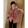 Kvinnors stickor Tees Korean Fashion Stripes Hooded Knit Cardigan Woman Red Loose Casual Autumn Winter Sweater dragkedja överdimensionerad långärmad topp 230816