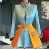 Sky Blue Short Prom Homecoming Dresses Long Sleeve High Neck Beaded Crystal Keyhole Mini Evening Birthday Gown