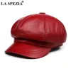 Berets LA SPEZIA Real Leather sboy Cap Women Solid Baker Boy Red Black Blue Pink Vintage Brand Ladies Winter Octagonal 230821