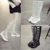 Stövlar Summer Korean Fashion Style Wedges Platform Peep Toe Cut Out Rivet Metal Buckle Women Kneehigh Long Gladiator 0701 230818