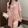 Women's Sleepwear 2023 Summer Ice Silk Pajamas High Grade Striped Thin Short-sleeved Lovely Home Clothes