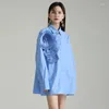 Casual Dresses Women Blue Shirts Pleated Three-dimensional Flower Autumn Long Sleeves Light Luxury French Loose Dress Lapel Lace Up