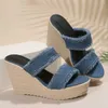 Slippers Women Summer Denim Wedge High Heels Sandals Slip on Chunky Platform Slippers Woman Fashion Blue Thick Sole Slides Plus Size 42 HKD230821