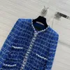Женские куртки шелк роскошная ранняя весенняя линия темно -синяя шермовая куртка, леди элегантный и модный стиль высокий качество