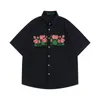 Chemises décontractées pour hommes American Rose Broderie Velours Côtelé Chemise À Manches Courtes Pour Hommes Et Femmes Hip Hop D'été Veste Lâche Streetwear Y2K