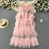 Casual Dresses Slim Style Off Shoulder Lotus Leaf Edge Mesh Pink Cake Dress Vestidos Elegantes Para Mujer Party Polka Dot Long Women