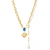 Kedjor 2023 Blue Water Drop Zircon Heart Necklace Pendant Pearl Tassel Clavicle T-shirt Chain Female Titanium Steellocket Exqui