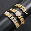 15mm Hip Hop Heart Shape Cuban Link Chain Necklace Bracelet Jewelry Set Bling Full Zircon 18k Real Gold Plated