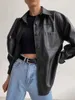 Damen Ledermodes schwarze Jacken für Frauen 2023 Herbst Casual Turndown Kragen Single Breace Pocket Shirt Moto Biker PU-Mäntel