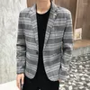 Ternos masculinos Men 2023 Autumn Slim Suit Blazer Fashion Plaid Print Temperamento simples estilo britânico comercial casual casual casaco