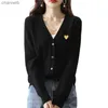 Damen Strick Tees Frauen Strickjacke Herz Auge Augenstickte Baumwolle V-Ausschnitt Button Langarm Frühling Herbst Lady Casual Strick Pullover HKD230821