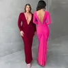 Vestidos casuales largos elegantes para mujeres otoño profundo cuello en V Maxi vestido ajustado Sexy negro plisado espalda descubierta boda fiesta de noche