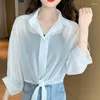 Frauenblusen 2023 Chiffon Bluse lässige solide weibliche Hemden Outwear Frauen Tops Büro Lady V-Ausschnitt Button Loose Clothing Chic 26969