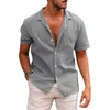 Chemises décontractées pour hommes Été Revers Couleur unie Chemise à manches courtes Bouton Coton Lin Porter Hommes