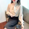 Women's Blouses Fashion Woman Blouse 2023 Elegante en jeugd herfst boog lange mouw vrouwen chiffon kanten dames tops