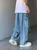Jeans masculinos Foufurieux Japão Rua Retro Retro Drape solta de pernas largas Casual Big Pocket Tooling Denim Washed calça homens mulheres streetwear