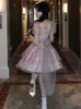 Summer Pink Kawaii Lolita Dres Print Korea Cute Party Mini Dress Female Puff Sleeve Beach Casual Elegant Fairy 230808