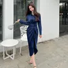 Robes décontractées Élégant Bureau Femmes Bleu Chemise Robe 2023 Printemps Revers Midi Taille Plissée Manches Longues Robe Femme Vêtements Robes