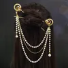 Hair Clipes Pearl Tassel Chinese Bosques de pau para mulheres Metal 2PCS Hairpin Girl Hanfu Grosp Fork Fringe Chain Jóias