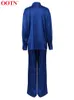 Womens Two Piece Pants OOTN Office Blue Satin Sets Female Elegant Long Sleeve TurnDown Collar Shirt Elastic Waist Wide Leg Suits Women Fall 230821