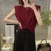 Chemisiers pour femmes tempérament torsadé noué vin rouge hauts noirs été polyvalent col rond sans manches T-shirt vêtements de mode