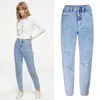 Frauen Jeans Frühling Sommer Frauen gerade Bein Mode Knie gerissene hohe Taille lose Frau lässig bequeme blaue Jeanshosen