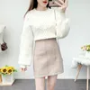 Arbeitskleider Pullover 2-teilige Set Frauen Herbst Winter Strick Langarm Spitze Tops Kleidung karierte Röcke Elegant A-Line C44