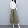 Women's Two Piece Pants Cotton Linen Suits Women Clothing Short Sleeve Tops Loose Korean Thin Elastic Waist Wide-leg Lady Two-piece Sets