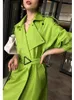 Women's Trench Coats Elegant Temperament Fluorescent Green Large Lapel Shoulder Sleeve Badge Mid Length Lace Up Loose Fitting