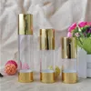 Gold Cosmetic Airless Lotion Bottle Essence Serum Packaging Pump flaskor 15 ml 30 ml 50 ml tomma makeupbehållare 100 st Strvu