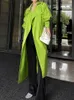 Women's Trench Coats Elegant Temperament Fluorescent Green Large Lapel Shoulder Sleeve Badge Mid Length Lace Up Loose Fitting