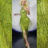 Stage Wear Ladies Dance Costume Green Pattern Printing Split Fork Dress Rhinestones Floor-Length Fringes Nightclub Show