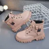 Buty jesień i zimowe dziewczyny kostki moda moda bez poślizgu chłopcy pu skóra krótkie buty Dzieci Korea Buty Fall Toddler Girl Boots 230821