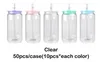 USA warehouse BPA free 16oz blank sublimation clear transparent frosted beer soda glass can with colored plastic PP lid and clear straw for wine cocktails ice coffee