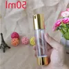 Gold Cosmetic Airless Lotion Bottle Essence Serum Packaging Pump flaskor 15 ml 30 ml 50 ml tomma makeupbehållare 100 st Strvu