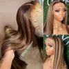 28 30Inch Straight Honey Highlight 4/27 Human Hair 220%density Lace Front Wig Colored Ombre 13x4 Transparent Lace Frontal Wig for Women