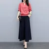 Women's Two Piece Pants Cotton Linen Suits Women Clothing Short Sleeve Tops Loose Korean Thin Elastic Waist Wide-leg Lady Two-piece Sets